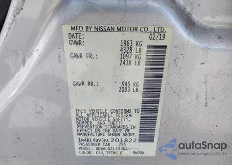 2019 Nissan Altima 2.5 S z USA, uszkodzony, nr VIN 1N4BL4BV5KC201822